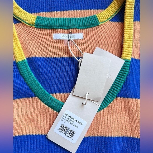 #20 NWT MOTHER Denim The Chin Ups Mini Dress in Navy Blue Stripe - Picture 5 of 5